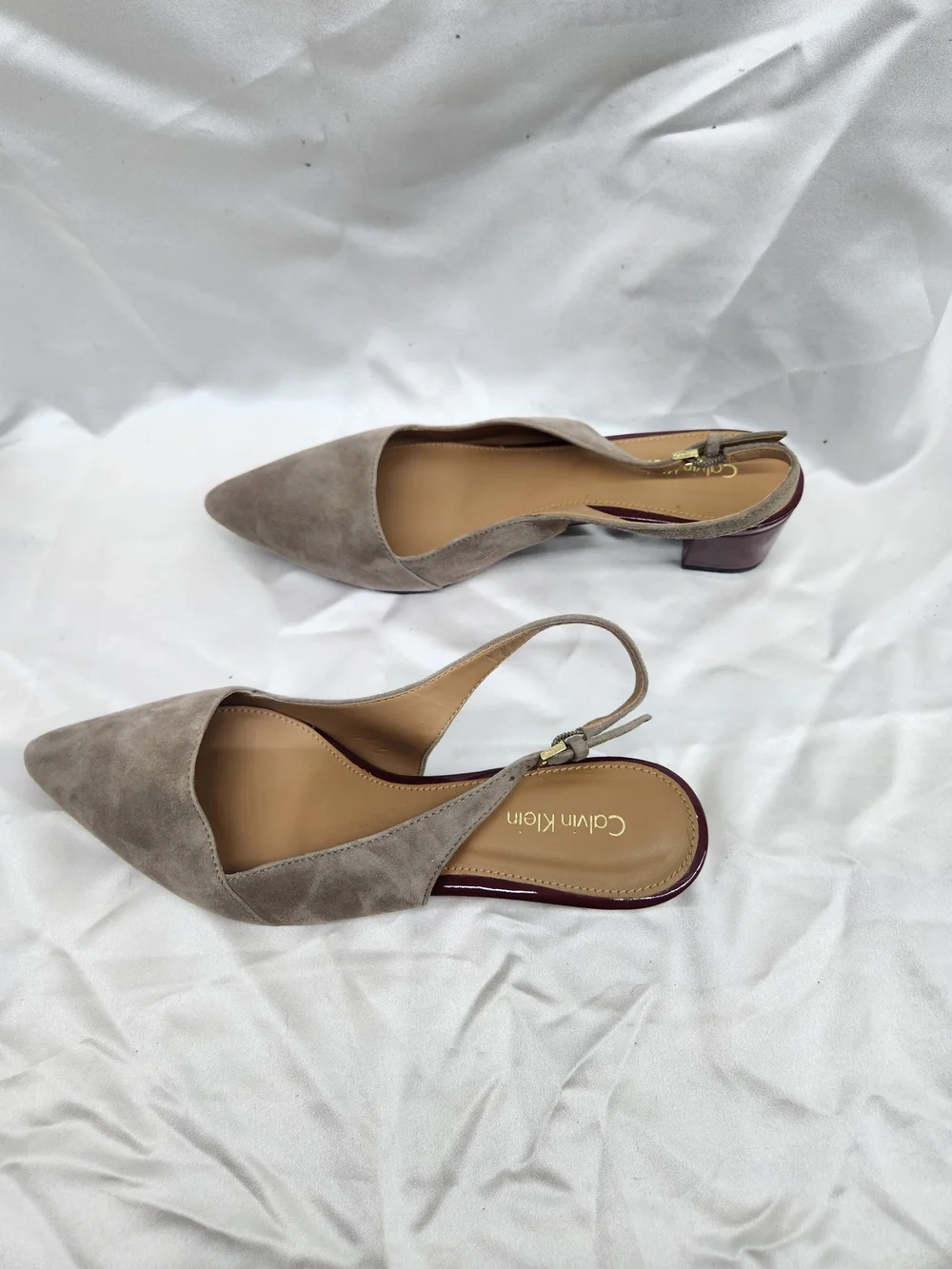 Calvin Klein Taupe Suede Pointed Slingback Kitten Heel